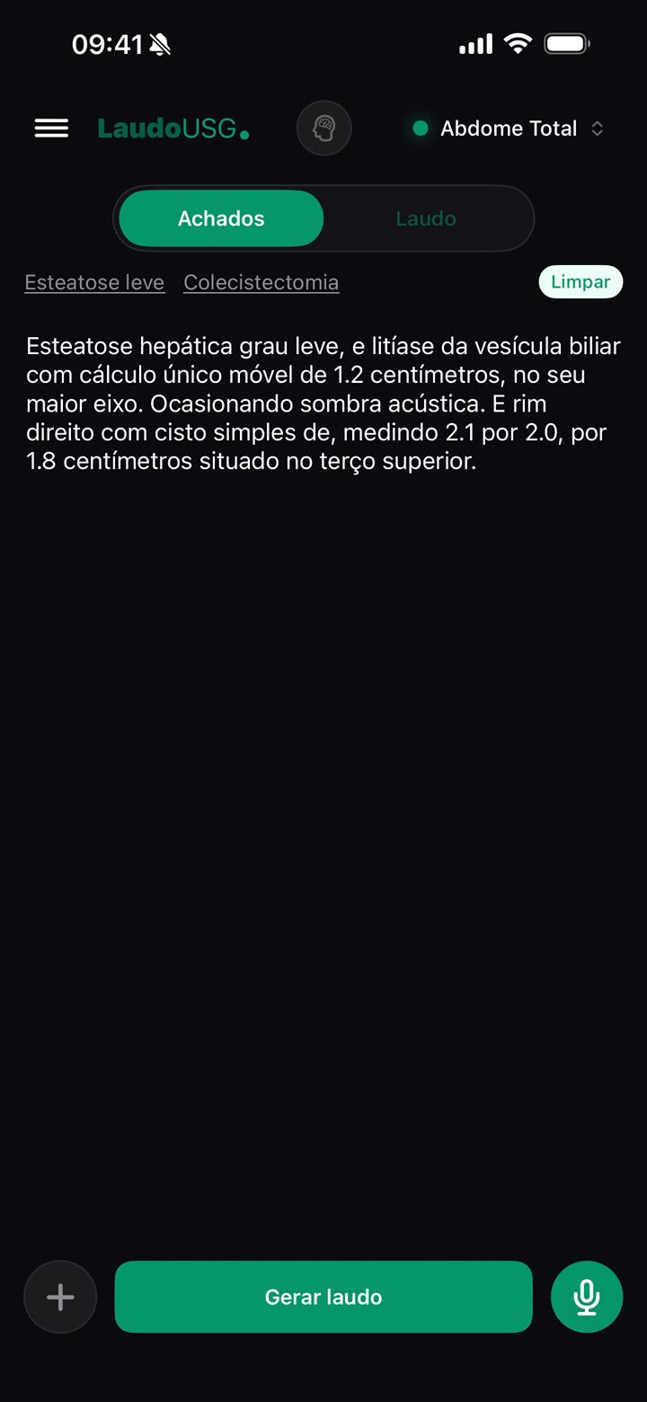 Achados ditados e transcritos no app, com o botão Gerar laudo