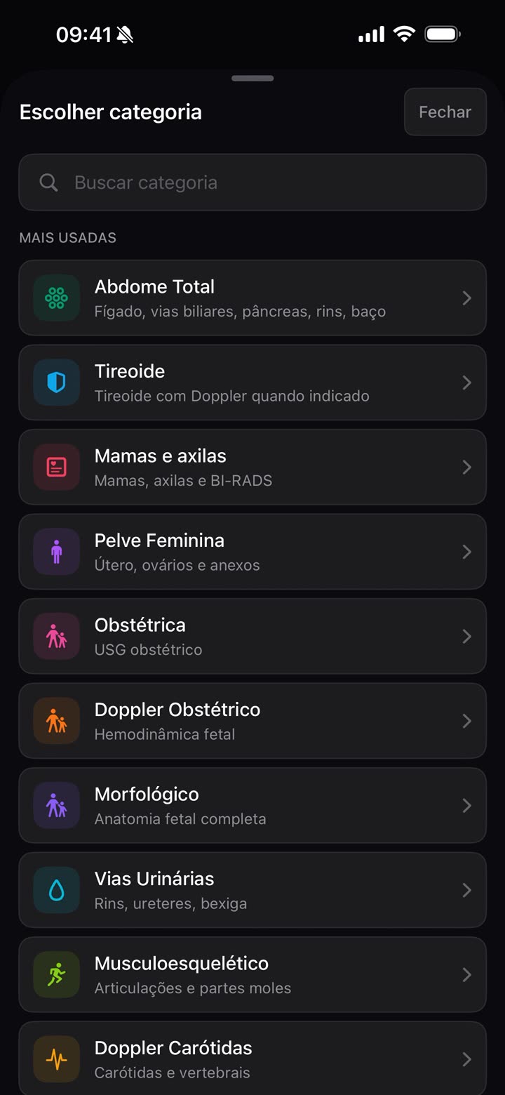 Lista de categorias de exame no app: Abdome Total, Tireoide, Mamas e axilas, Pelve Feminina, Obstétrica e outras
