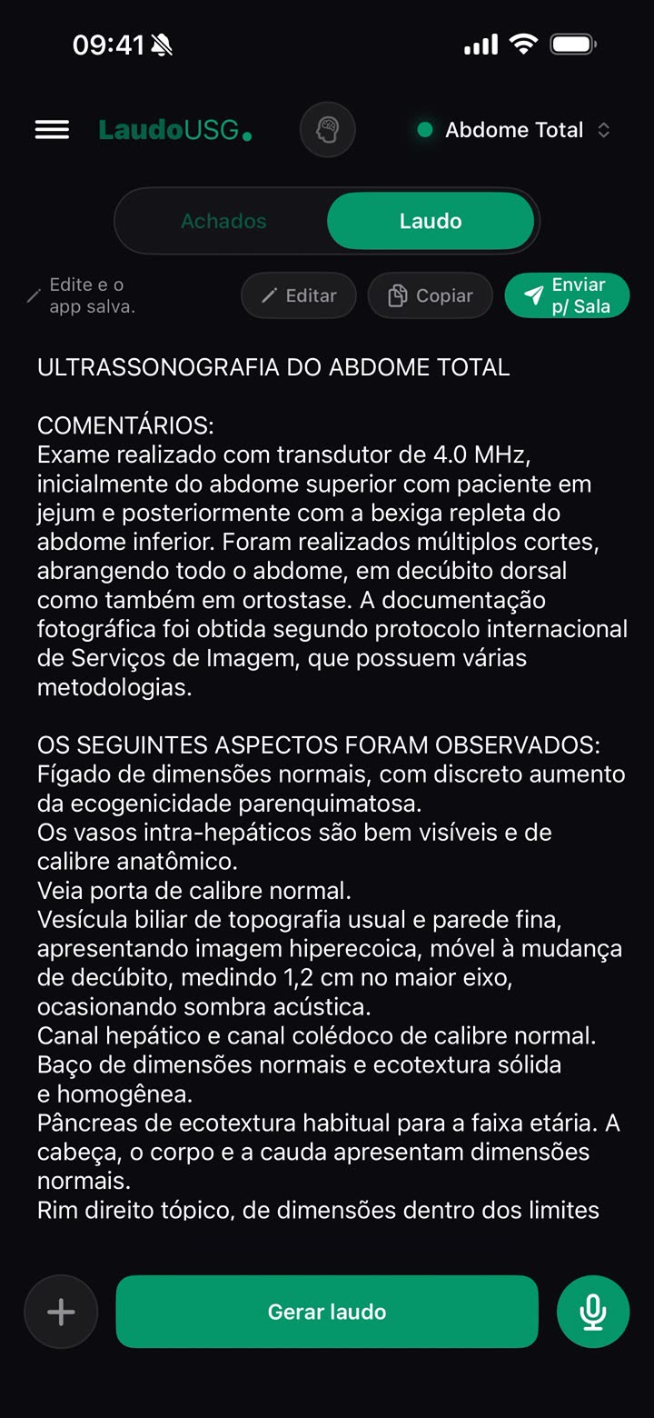 Laudo de abdome total gerado no app, com os botões Editar, Copiar e Enviar para a Sala
