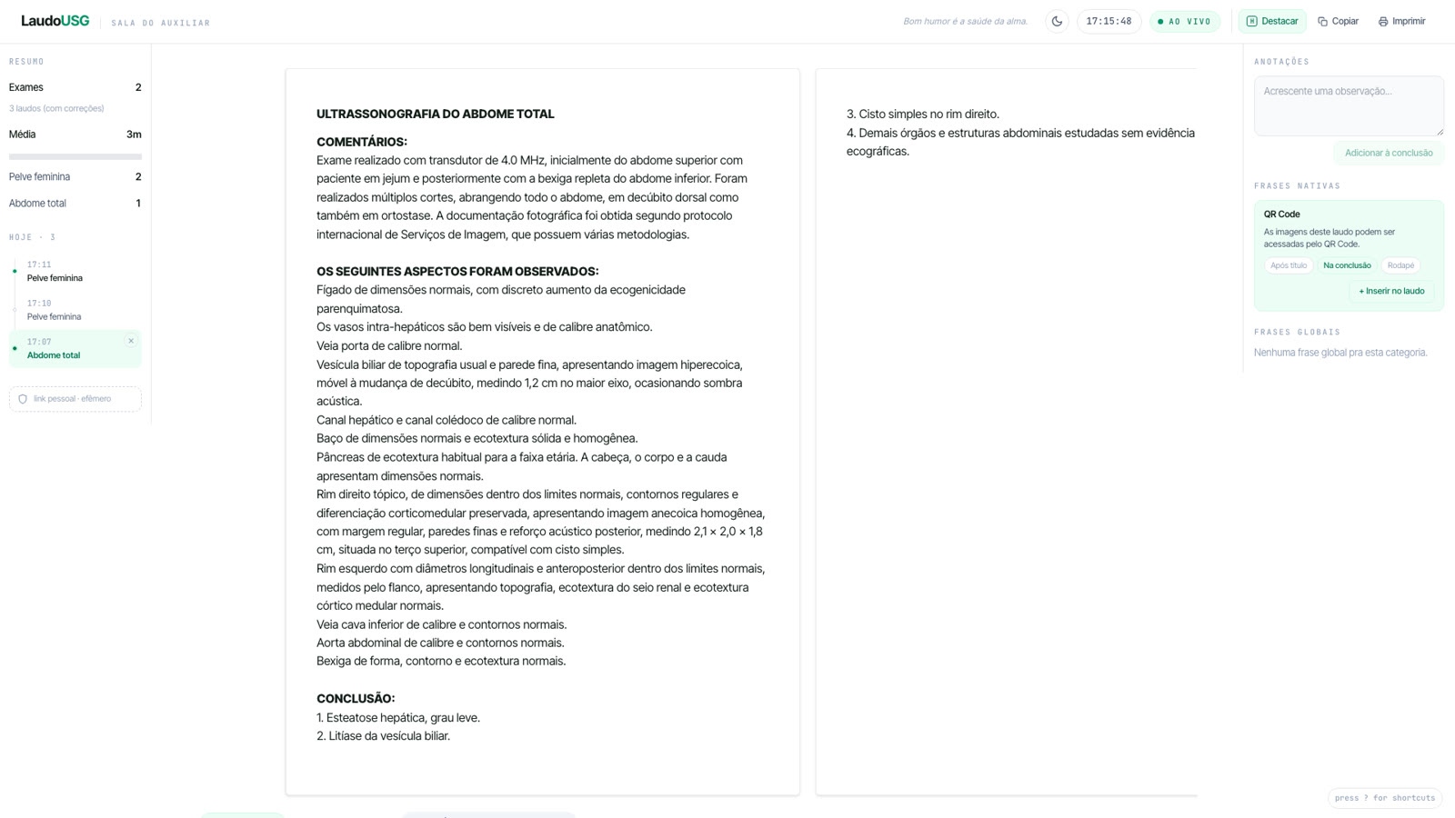 Sala do Auxiliar aberta no computador, mostrando um laudo de abdome total recebido do app, com as opções Copiar e Imprimir